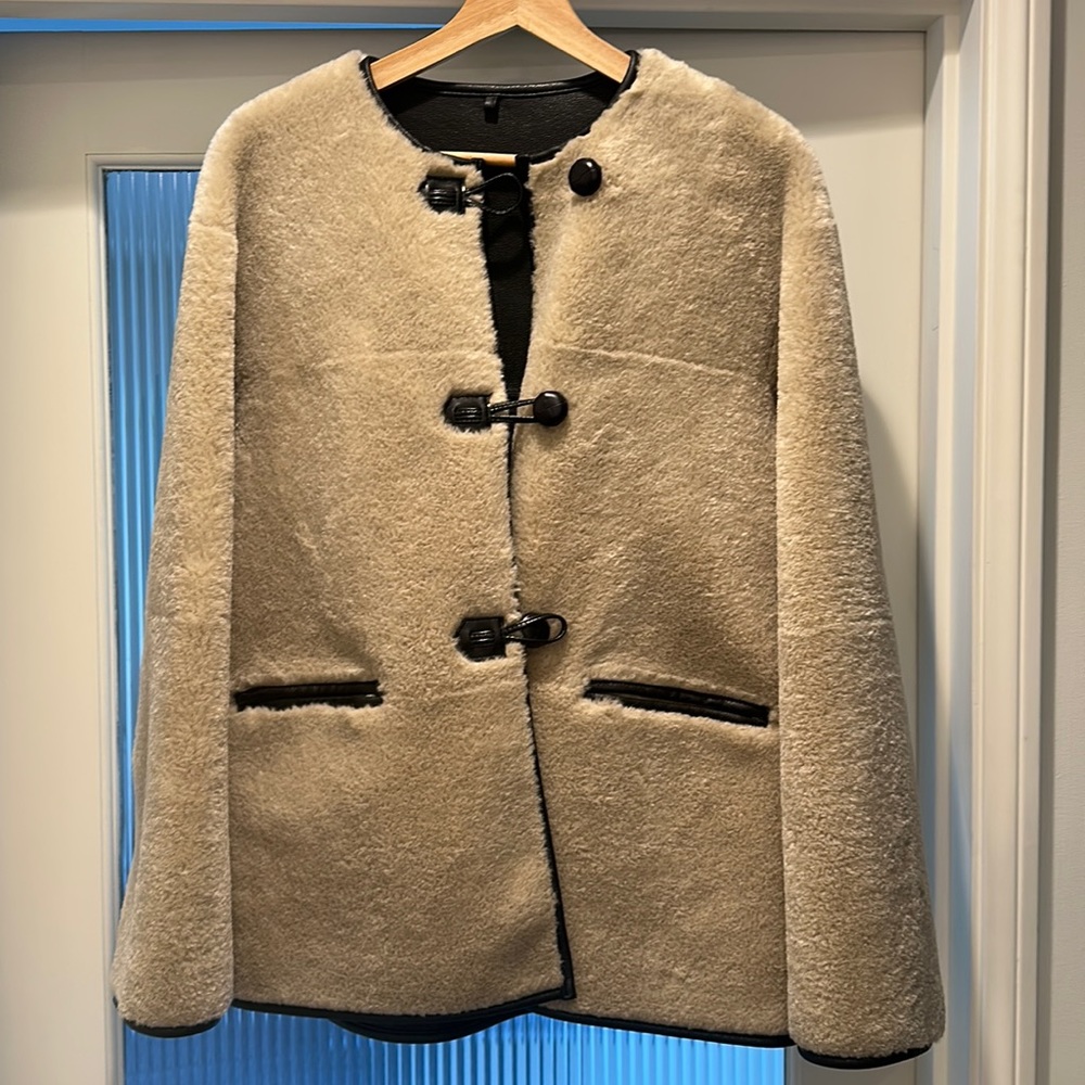 Mango Cream Teddy Jacket with Black Trim